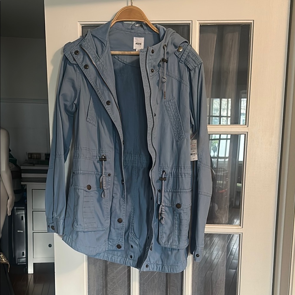 Love Blue Utility Jacket with Drawstring Waist and Hood